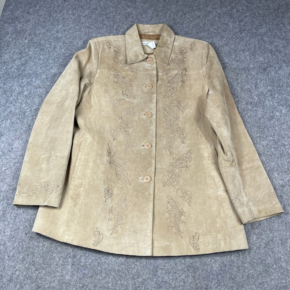 Drapers & Damons Suede Leather Jacket Womens Large Tan Embroidered Paisley Coat